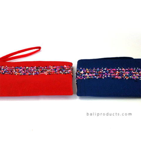 Endek Ikat Pouch With Beads Accent L In Blue, Orange Red Etc