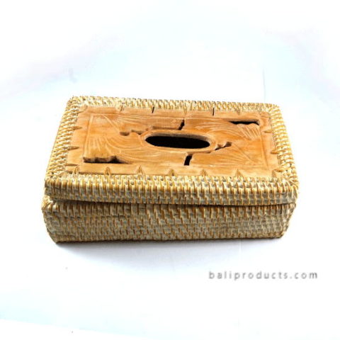 Lombok Rattan With Wood Carving Tissue Box White Washed