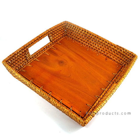 Lombok Rattan Tray Square With Wood Base Brown
