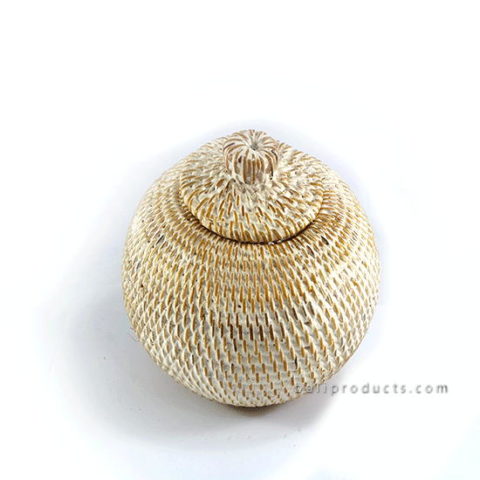 Lombok Rattan Round Container With Lid White Washed