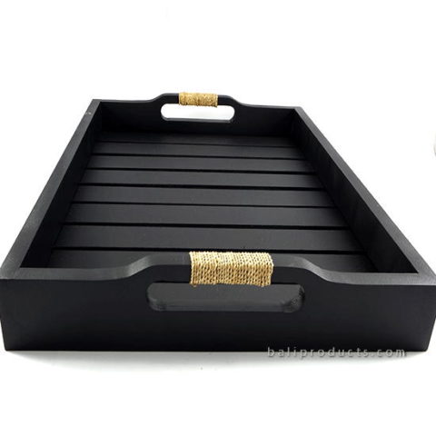 Wooden Tray Black With Rope Accent On Handle