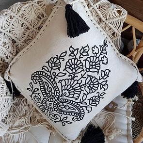 Eastern Printed Motif On Natural Cotton Linen Cushion With Tassels