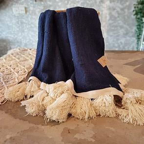 Navy Blue Raw Cotton Throw With Beaded Tassels