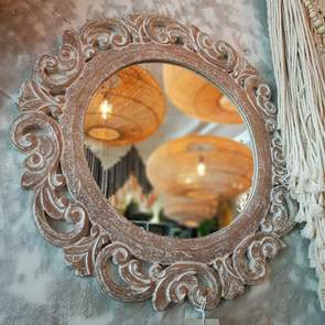 Round Ornate Carved Wooden Wall Mirror
