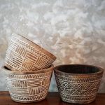 Small Tribal Patterned White Washed Wooden Pots